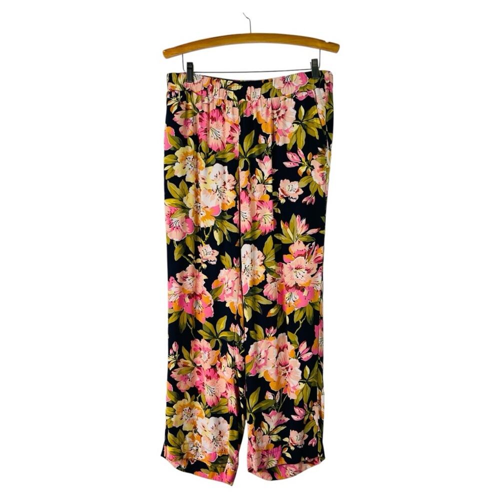 Loft black pink floral wide leg lightweight coastal pants medium